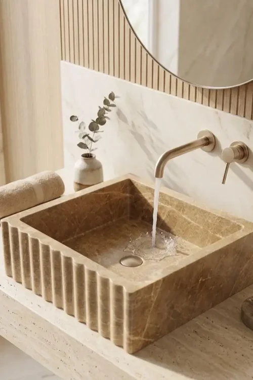 Fluted Afyon Marble Sink – Handcrafted Beige Natural Stone Basin