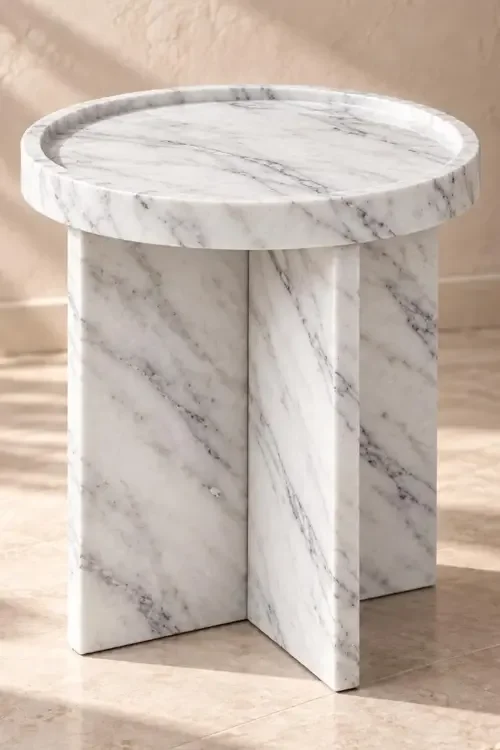Handcrafted Beige Travertine Side Table