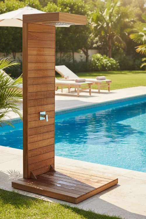 Handcrafted Iroko Wood Outdoor Shower
