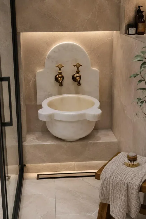 Handcrafted Turkish Hammam Kurna – Natural Marble Wall Basin
