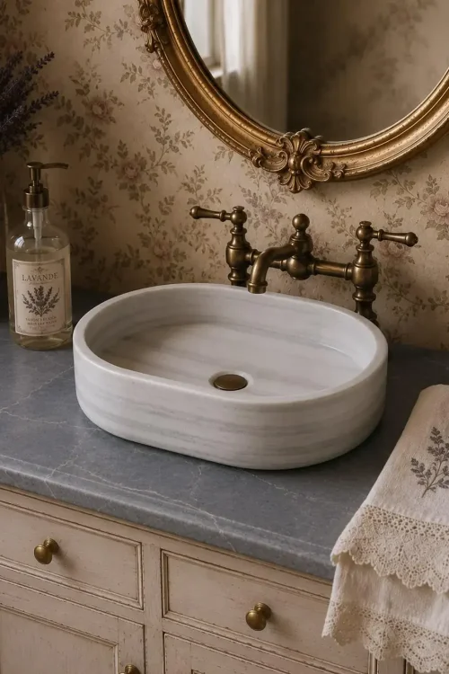 Oval White Marble Vessel Sink