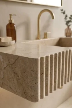 Afyon Beige Marble Wall-Mounted Sink – Fluted Natural Stone Basin