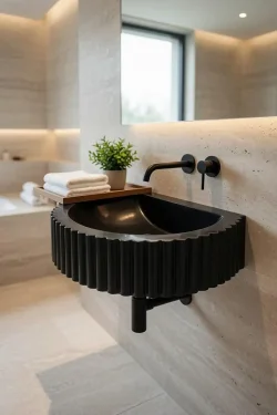 Black Marble Fluted Vessel Sink – Handcrafted Natural Stone Basin