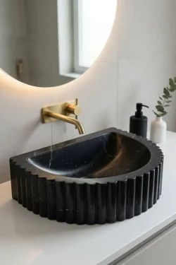 Black Marble Fluted Vessel Sink – Handcrafted Natural Stone Basin