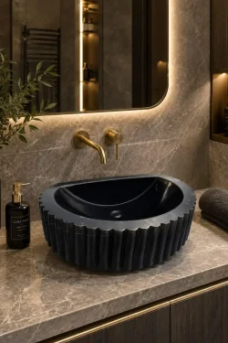 Black Marble Fluted Vessel Sink – Handcrafted Natural Stone Basin