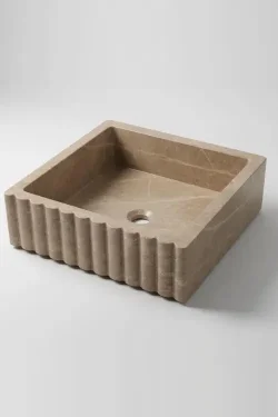 Fluted Afyon Marble Sink – Handcrafted Beige Natural Stone Basin