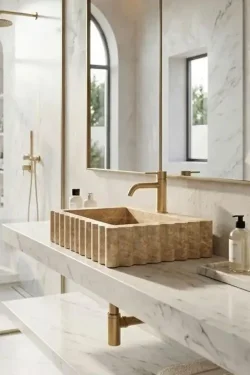 Fluted Afyon Marble Sink – Handcrafted Beige Natural Stone Basin