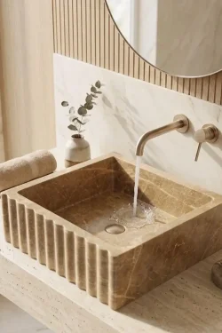 Fluted Afyon Marble Sink – Handcrafted Beige Natural Stone Basin