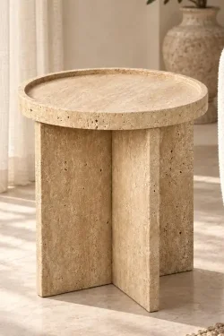 Handcrafted Beige Travertine Side Table