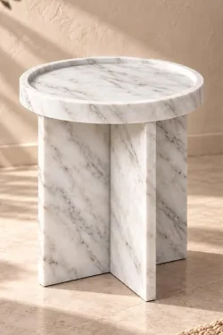 Handcrafted Beige Travertine Side Table