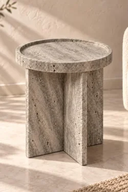 Handcrafted Beige Travertine Side Table