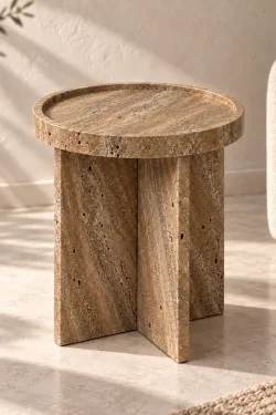 Handcrafted Beige Travertine Side Table