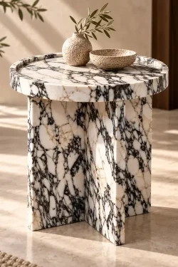 Handcrafted Beige Travertine Side Table