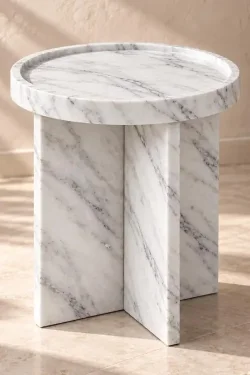 Handcrafted Beige Travertine Side Table