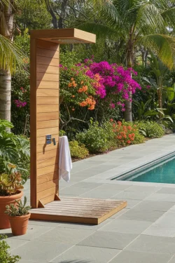 Handcrafted Iroko Wood Outdoor Shower