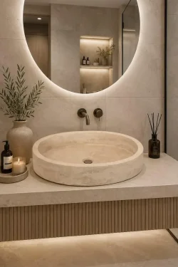 Natural Travertine Oval Vessel Sink – Handcrafted Stone Bathroom Basin