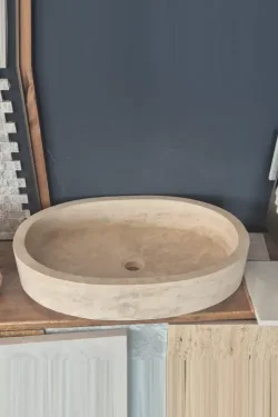 Natural Travertine Oval Vessel Sink – Handcrafted Stone Bathroom Basin