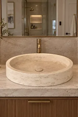 Natural Travertine Oval Vessel Sink – Handcrafted Stone Bathroom Basin
