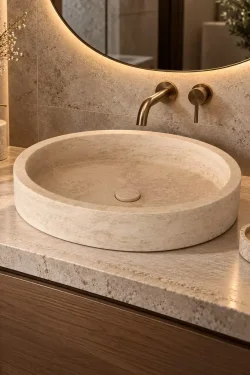 Natural Travertine Oval Vessel Sink – Handcrafted Stone Bathroom Basin