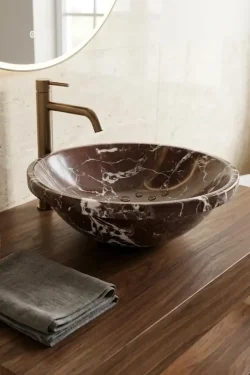 Red Marble Round Sink – Handcrafted Natural Stone Bathroom Basin