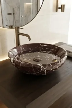 Red Marble Round Sink – Handcrafted Natural Stone Bathroom Basin