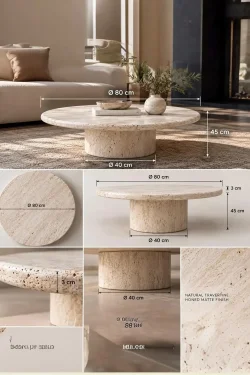 Round Travertine Coffee Table – 80 cm Natural Stone Center Table