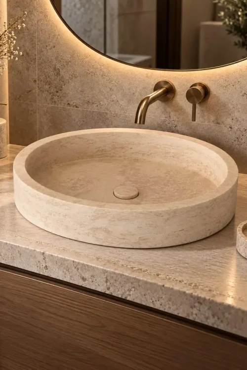 Natural Travertine Oval Vessel Sink – Handcrafted Stone Bathroom Basin