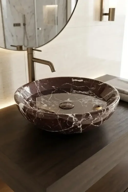 Red Marble Round Sink – Handcrafted Natural Stone Bathroom Basin