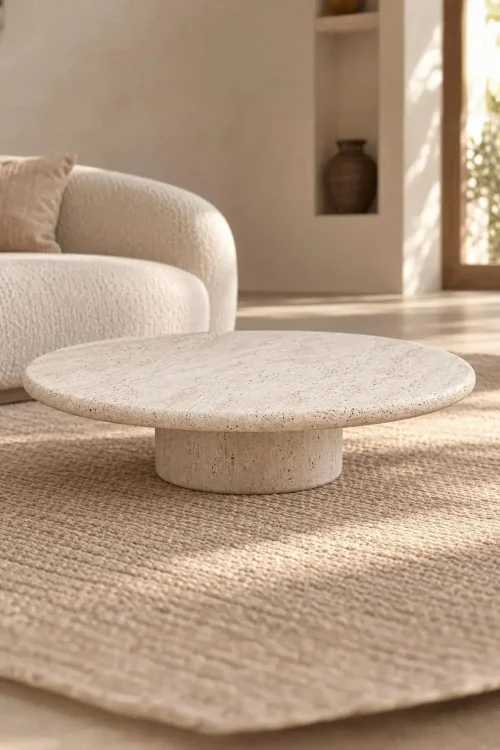 Round Travertine Coffee Table – 80 cm Natural Stone Center Table